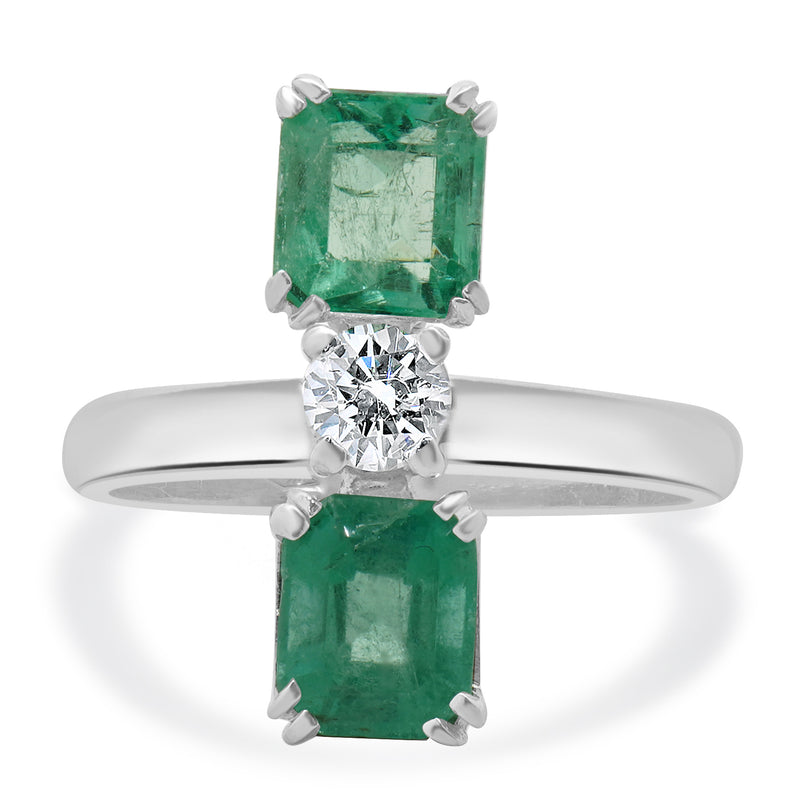 18 Karat White Gold Emerald and Diamond Three Stone Stack Ring