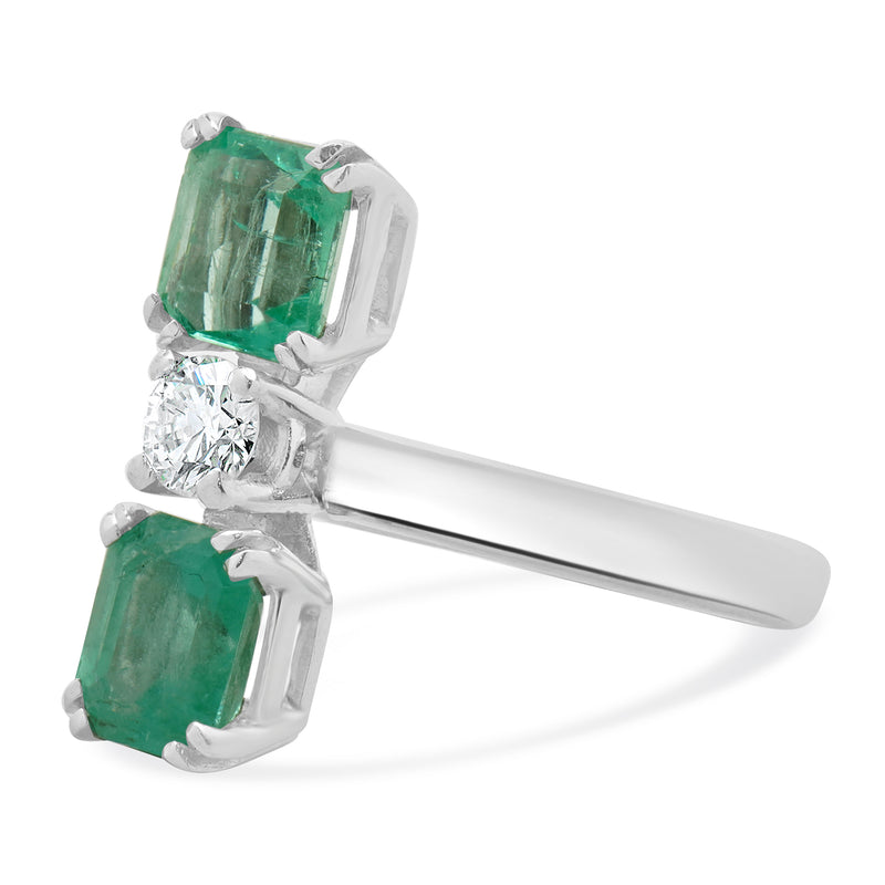 18 Karat White Gold Emerald and Diamond Three Stone Stack Ring