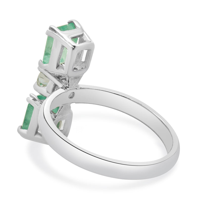 18 Karat White Gold Emerald and Diamond Three Stone Stack Ring