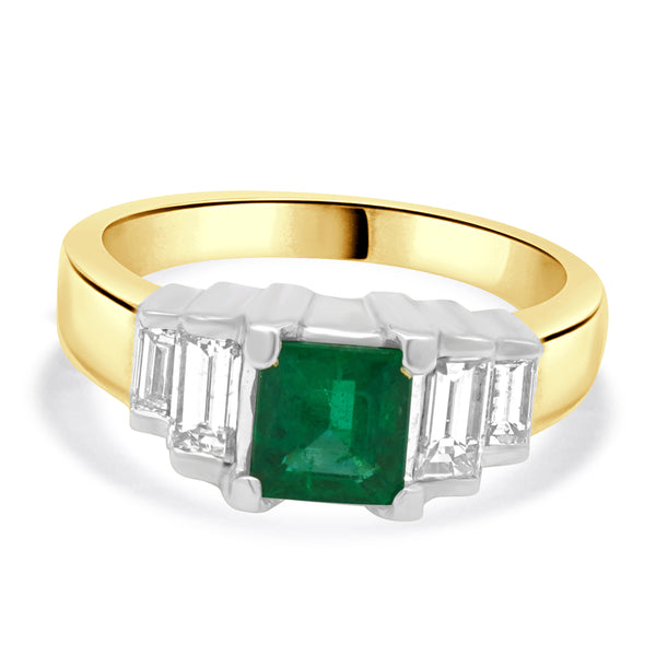 18 Karat Yellow Gold Emerald and Diamond Baguette Step Ring