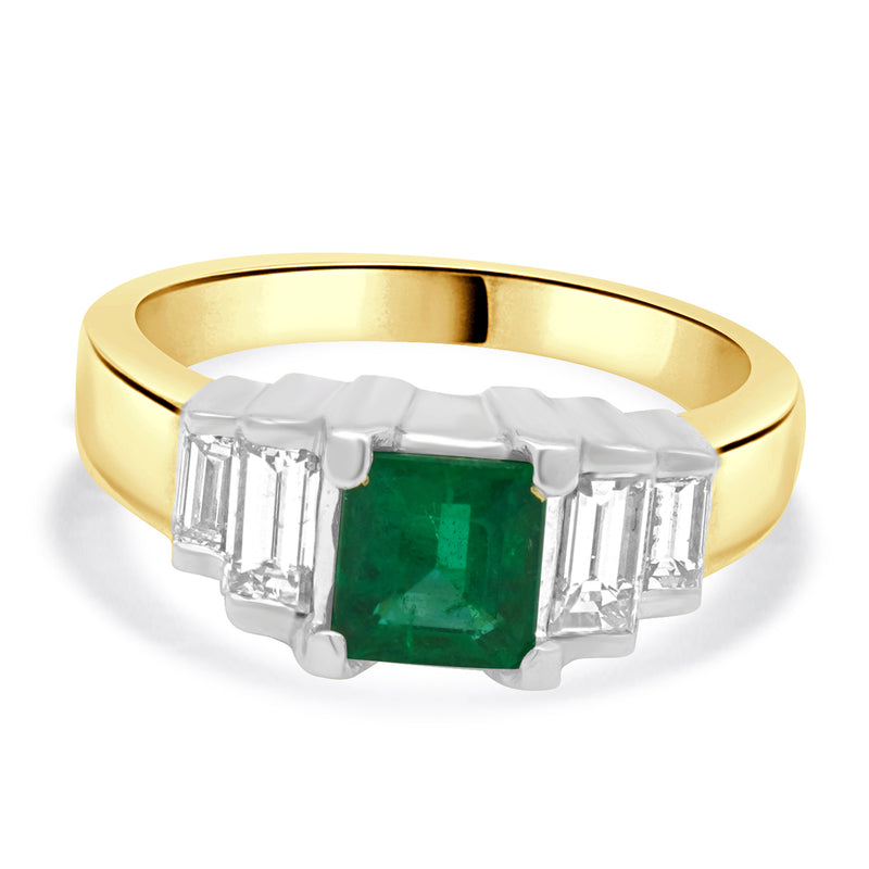 18 Karat Yellow Gold Emerald and Diamond Baguette Step Ring