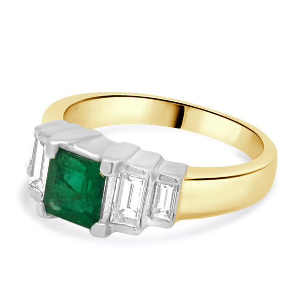 18 Karat Yellow Gold Emerald and Diamond Baguette Step Ring