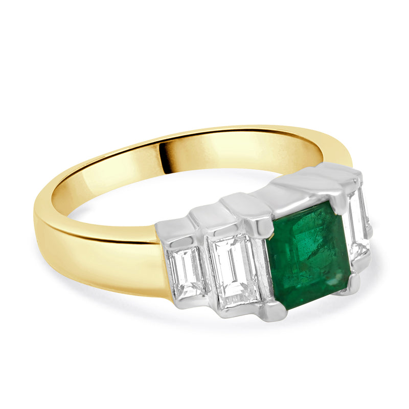 18 Karat Yellow Gold Emerald and Diamond Baguette Step Ring