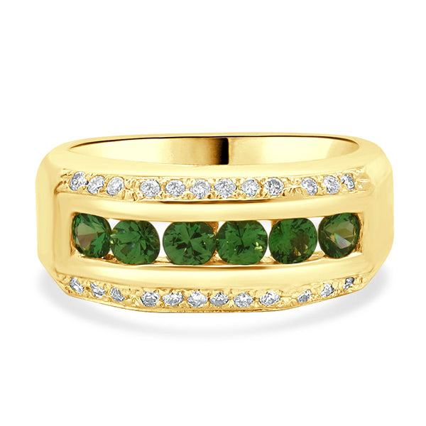 14 Karat Yellow Gold Green Tourmaline and Diamond Three Row Ring