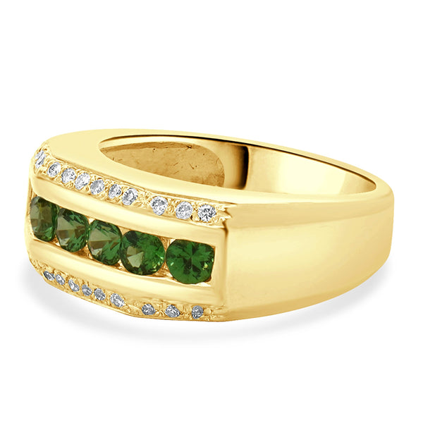 14 Karat Yellow Gold Green Tourmaline and Diamond Three Row Ring