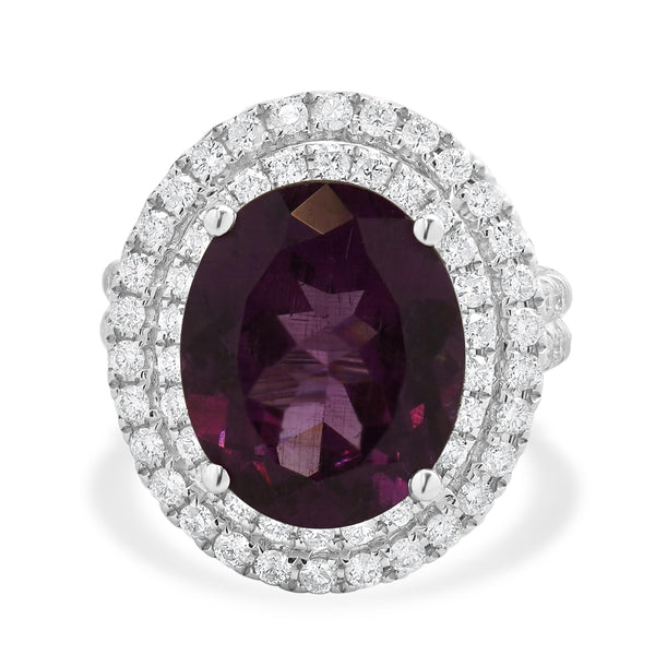 18 Karat White Gold Oval Rhodolite Garnet and Diamond Halo Ring