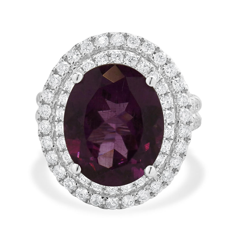 18 Karat White Gold Oval Rhodolite Garnet and Diamond Halo Ring