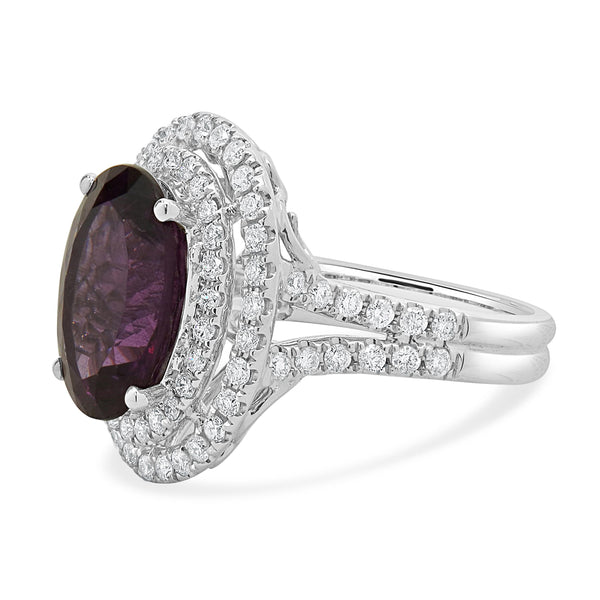 18 Karat White Gold Oval Rhodolite Garnet and Diamond Halo Ring