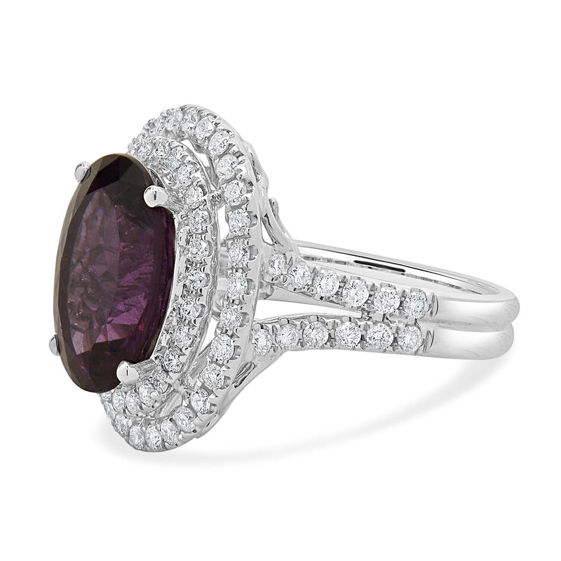 18 Karat White Gold Oval Rhodolite Garnet and Diamond Halo Ring