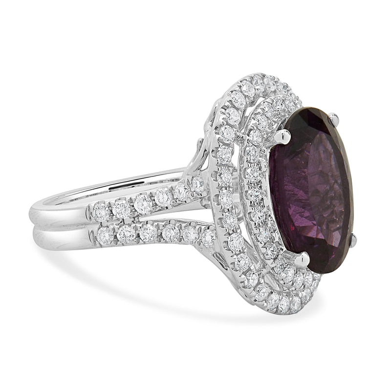 18 Karat White Gold Oval Rhodolite Garnet and Diamond Halo Ring