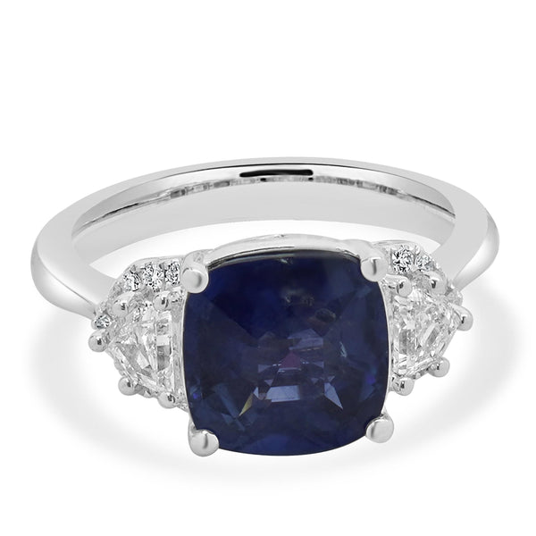18 Karat White Gold Cushion Cut Sapphire and Diamond Ring