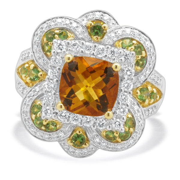 14 Karat Yellow Gold Citrine, Tsavorite, and Diamond Ring