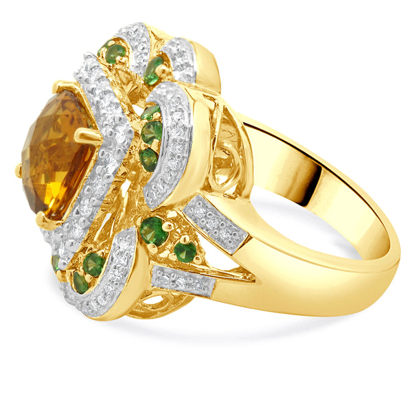 14 Karat Yellow Gold Citrine, Tsavorite, and Diamond Ring