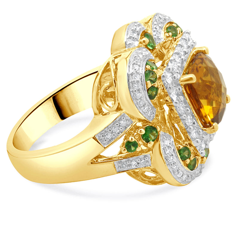 14 Karat Yellow Gold Citrine, Tsavorite, and Diamond Ring