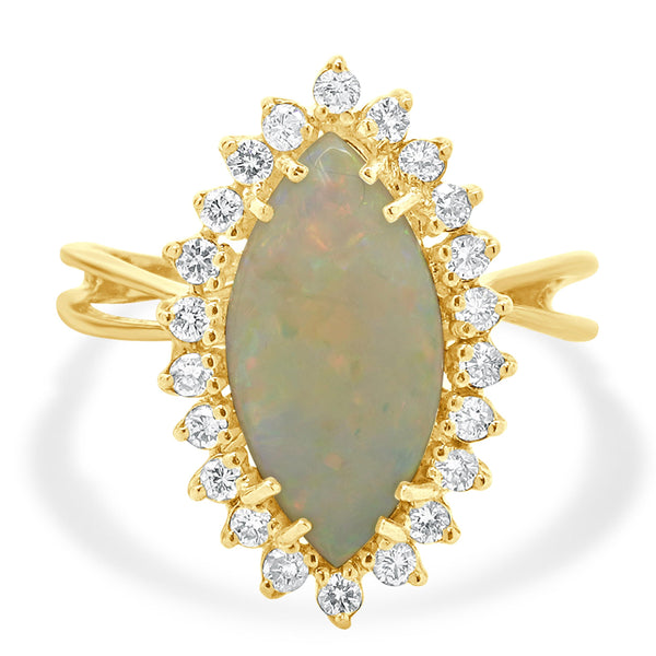 18 Karat Yellow Gold Opal and Diamond Marquise Style Ring