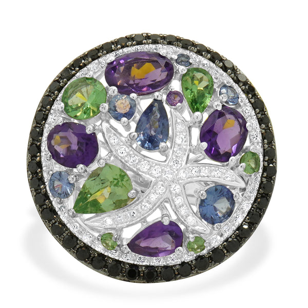 14 Karat White Gold Multi-Gemstone and Diamond Starfish Ring