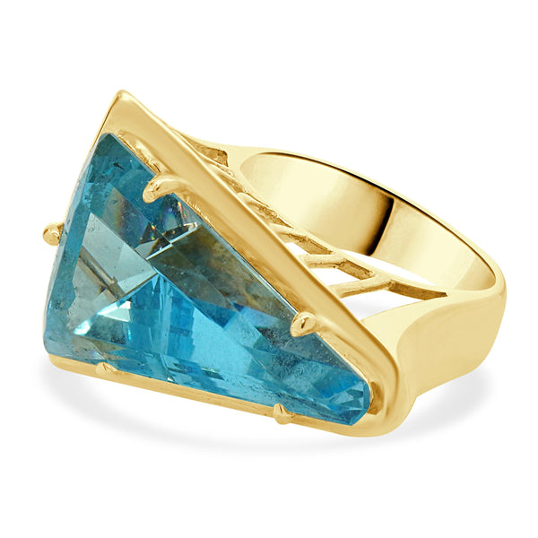 14 Karat Yellow Gold Shield Cut Blue Topaz Ring
