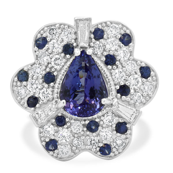 14 Karat White Gold Tanzanite, Sapphire & Diamond Flower Ring