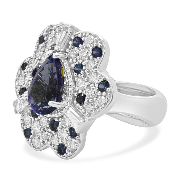 14 Karat White Gold Tanzanite, Sapphire & Diamond Flower Ring