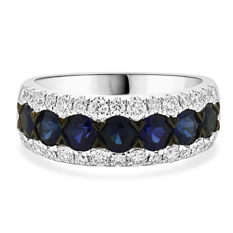 14K White Gold Diamond and Sapphire Three Row Band