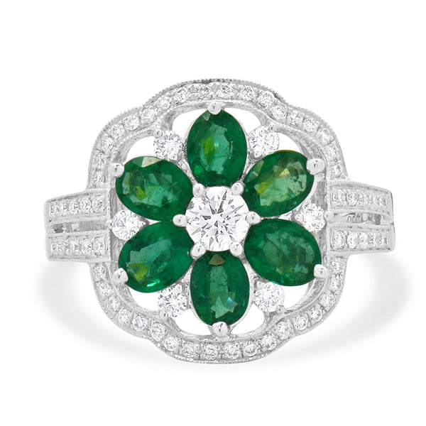 14 Karat White Gold Emerald and Diamond Flower Ring