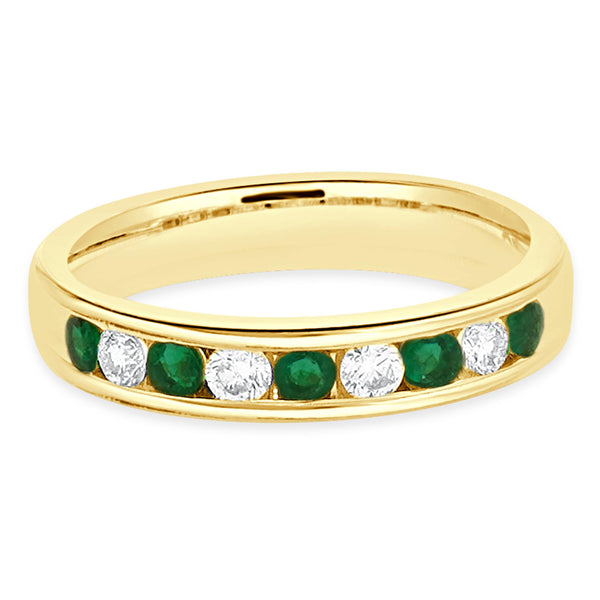 14 Karat Yellow Gold Diamond and Emerald Alternating Band