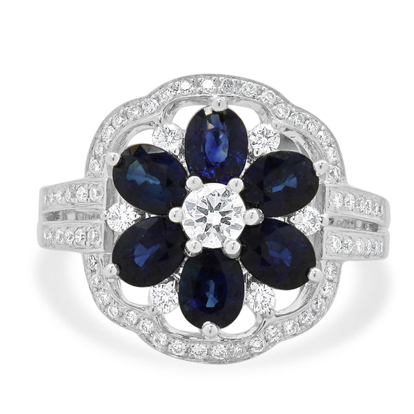 14K White Gold Sapphire and Diamond Flower Ring
