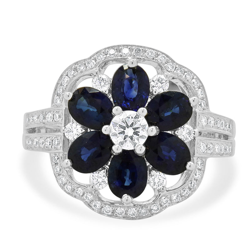 14K White Gold Sapphire and Diamond Flower Ring