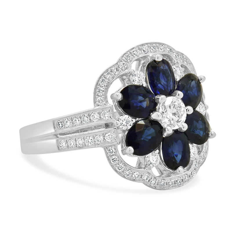 14K White Gold Sapphire and Diamond Flower Ring