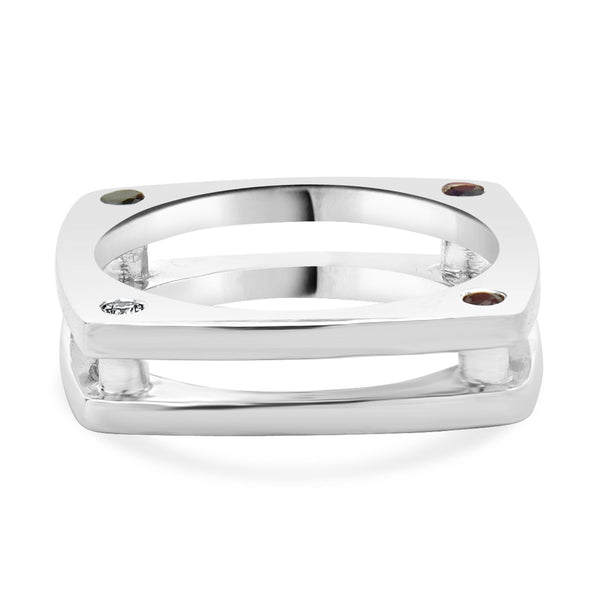 14 Karat White Gold Diamond, Sapphire, and Ruby Square Ring