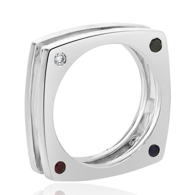14 Karat White Gold Diamond, Sapphire, and Ruby Square Ring