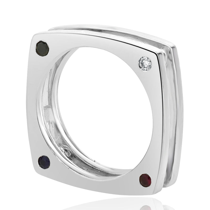14 Karat White Gold Diamond, Sapphire, and Ruby Square Ring