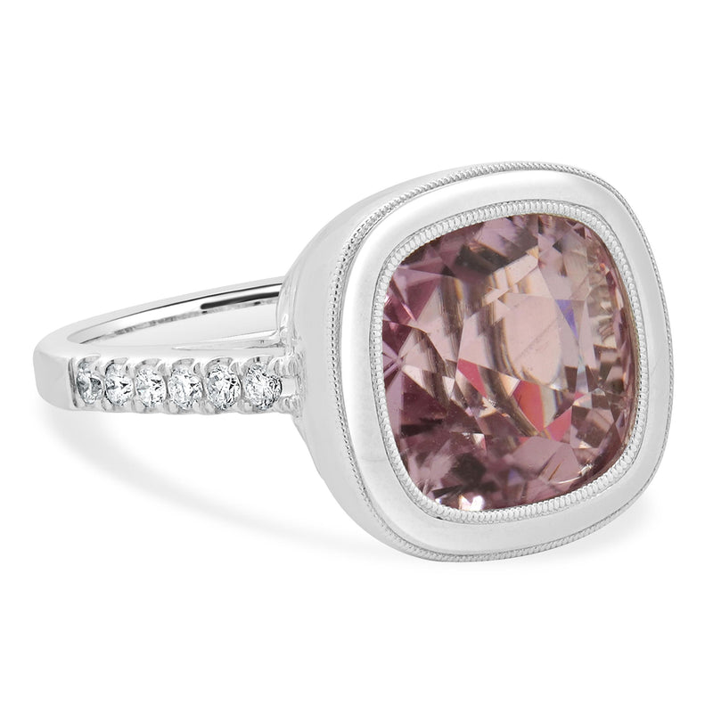 18 Karat White Gold Bezel Set Kunzite and Diamond Ring