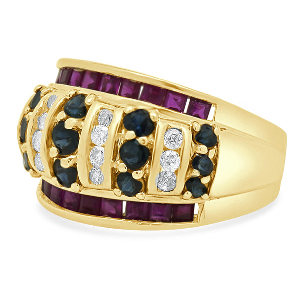 14 Karat Yellow Gold Sapphire, Diamond and Ruby Wide Ring