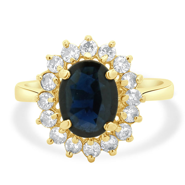 14 Karat Yellow Gold Oval Cut Sapphire and Diamond Ring