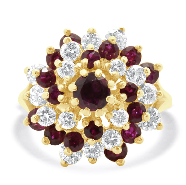 18 Karat Yellow Gold Diamond and Ruby Cocktail Swirl Ring