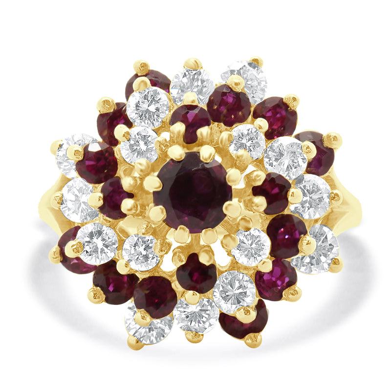18 Karat Yellow Gold Diamond and Ruby Cocktail Swirl Ring