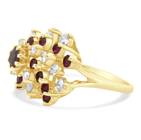 18 Karat Yellow Gold Diamond and Ruby Cocktail Swirl Ring