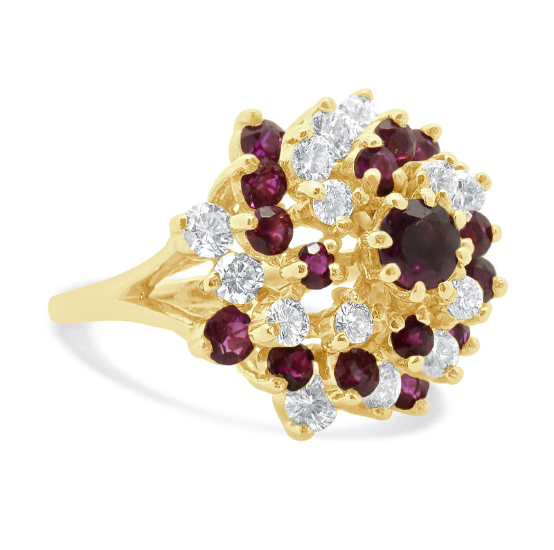 18 Karat Yellow Gold Diamond and Ruby Cocktail Swirl Ring