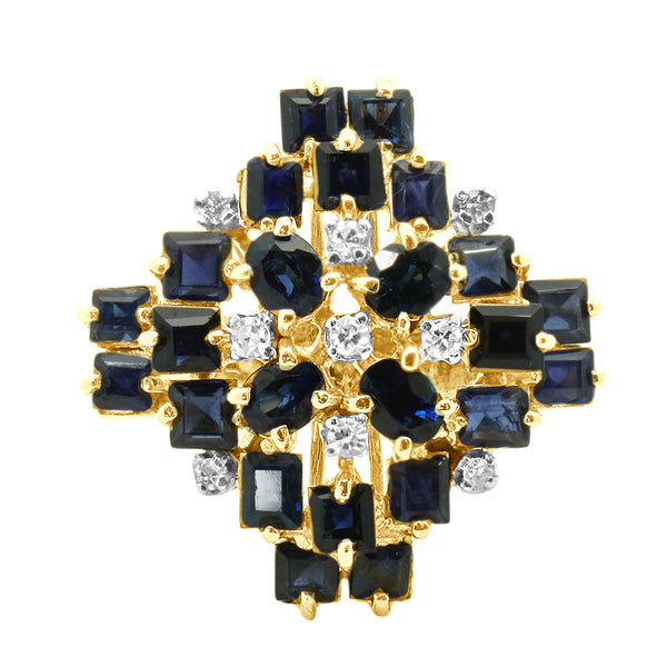 14 Karat Yellow Gold Sapphire and Diamond Cluster Cocktail Ring