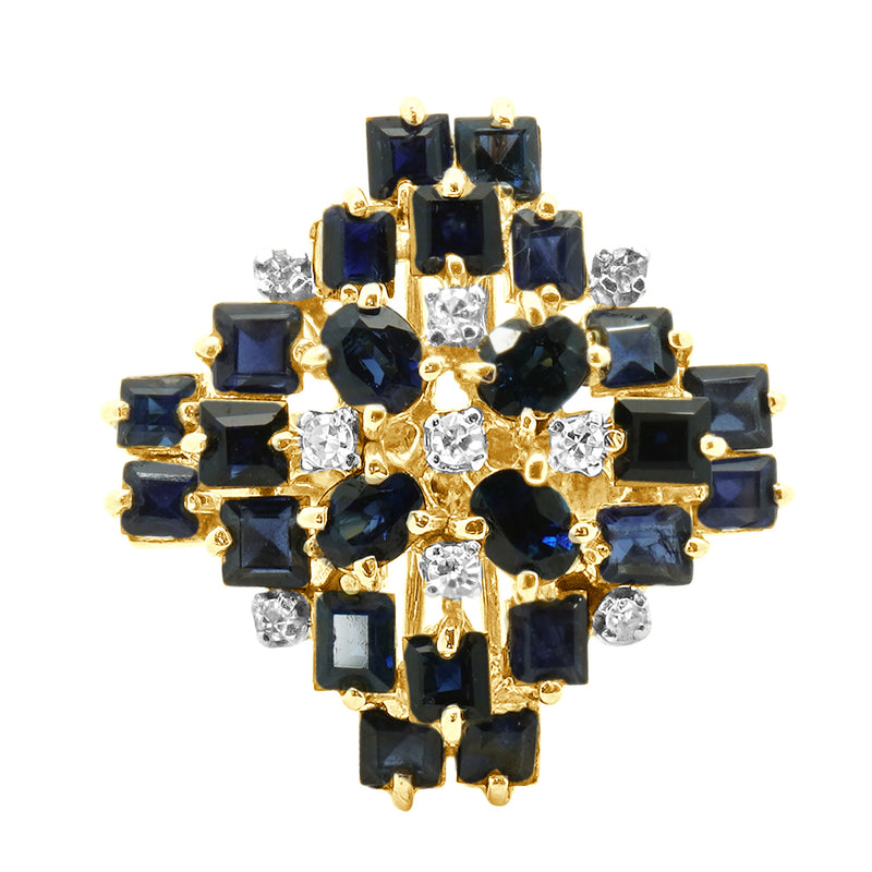 14 Karat Yellow Gold Sapphire and Diamond Cluster Cocktail Ring