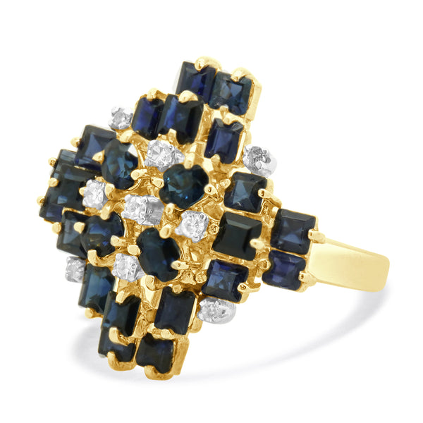 14 Karat Yellow Gold Sapphire and Diamond Cluster Cocktail Ring