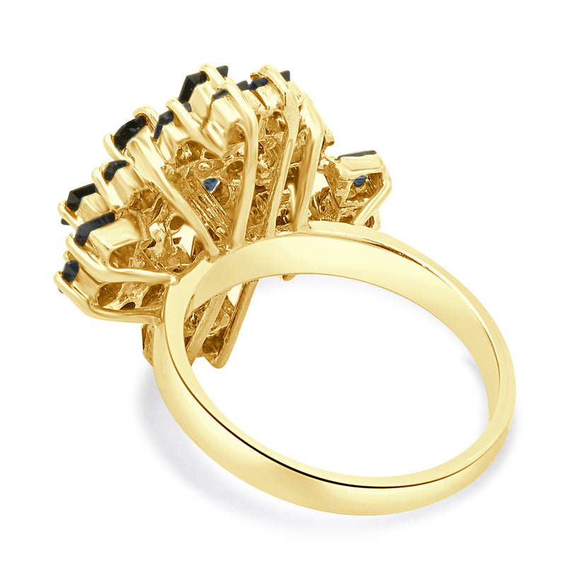 14 Karat Yellow Gold Sapphire and Diamond Cluster Cocktail Ring