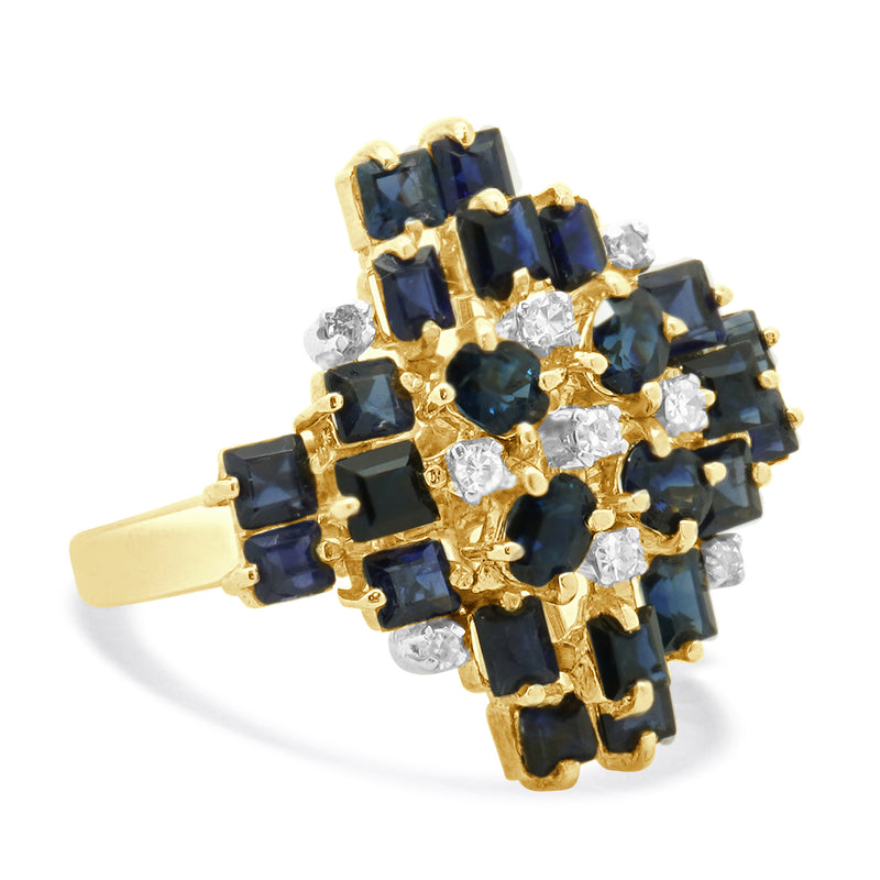 14 Karat Yellow Gold Sapphire and Diamond Cluster Cocktail Ring