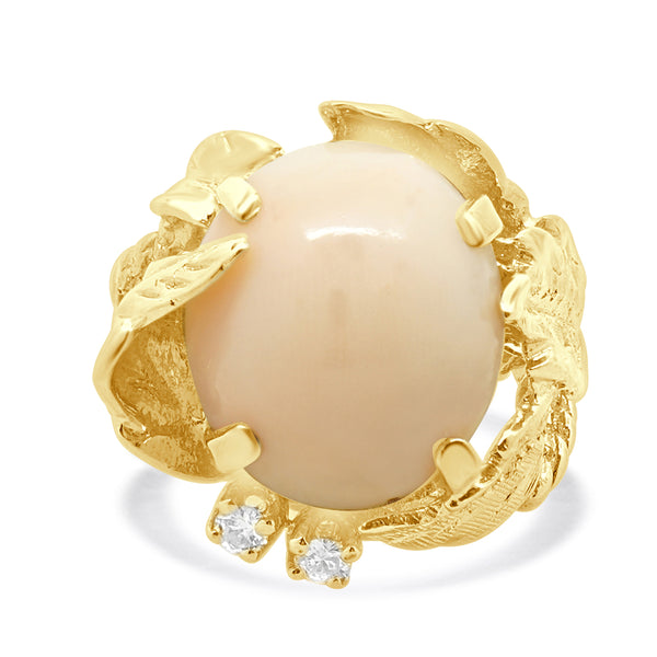 14 Karat Yellow Gold Pink Coral and Diamond Vintage Freeform Ring