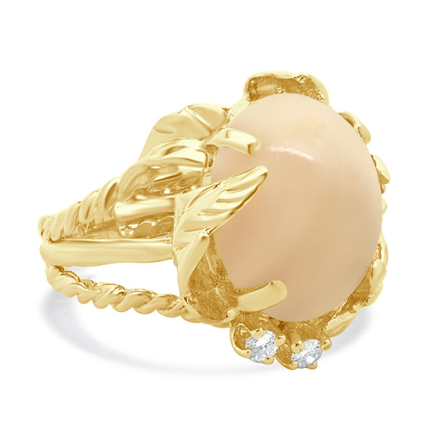14 Karat Yellow Gold Pink Coral and Diamond Vintage Freeform Ring