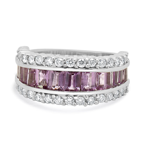 14 Karat White Gold Pink Sapphire & Diamond Three Row Ring