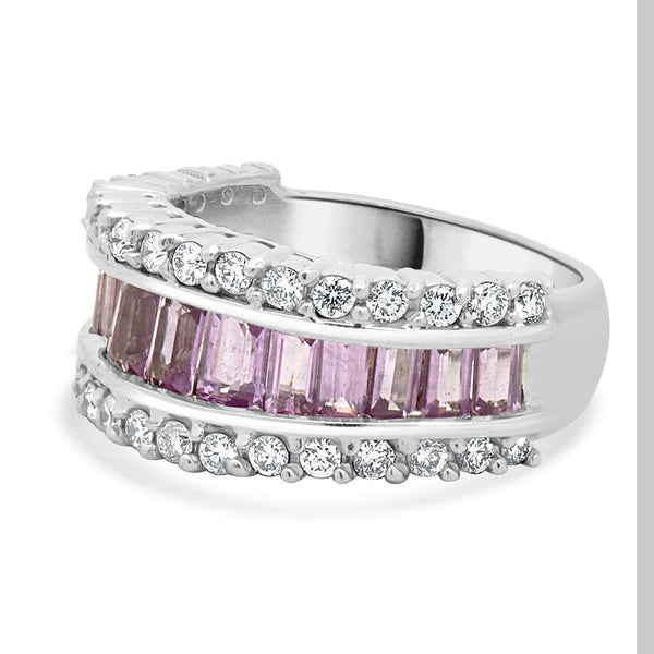 14 Karat White Gold Pink Sapphire & Diamond Three Row Ring