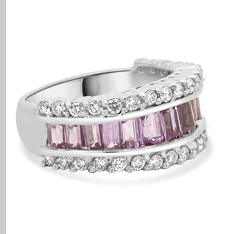 14 Karat White Gold Pink Sapphire & Diamond Three Row Ring