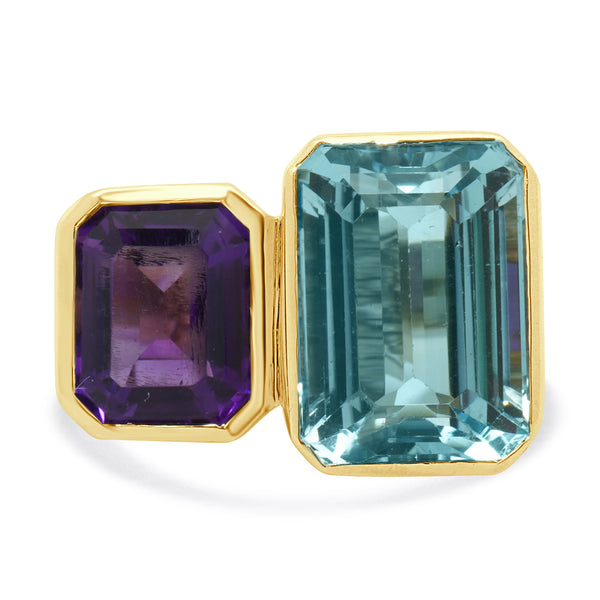 14 Karat Yellow Gold Bezel Set Blue Topaz and Amethyst Ring
